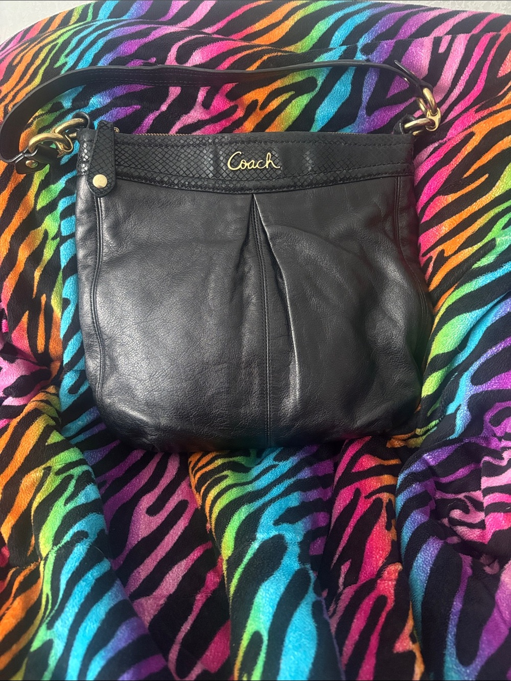 Coach Black Leather Shoulder Bag with Gold Hardware -12in Wide, 10.5 Tall